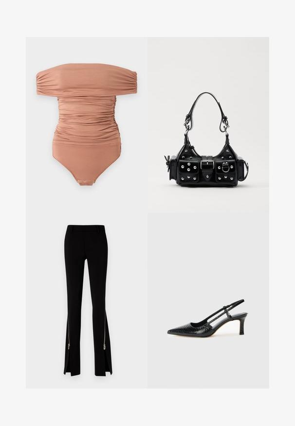 Off-the-shoulder, ruched bodysuit in muted brown, made of smooth fabric; features snap closure at the bottom and a form-fitting design.; DSQUARED2 ICON TRUMPET PANT - Trousers - black; Black patent slingback heel with a pointed toe, featuring textured snake print, adjustable strap, and a short, textured block heel.; Black leather handbag with a curved design, featuring silver studs, a buckle, and two side pockets. Adjustable strap for carrying options.