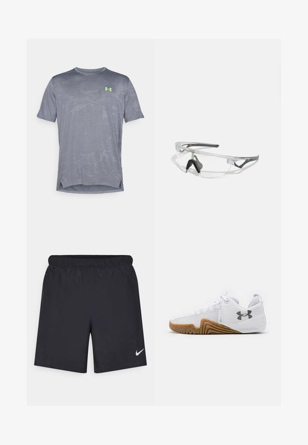 Under Armour VENT - Sports T-shirt - castlerock/hyper green; Black athletic shorts made of lightweight material with an elastic waistband. Features a small white Nike logo on the lower left side.; White athletic shoes featuring a mesh upper, rubber outsole with a gum color, textured accents, and a black logo on the side.; Clear safety glasses with a lightweight, transparent frame and gray accents. Features a wraparound design and adjustable nosepiece.