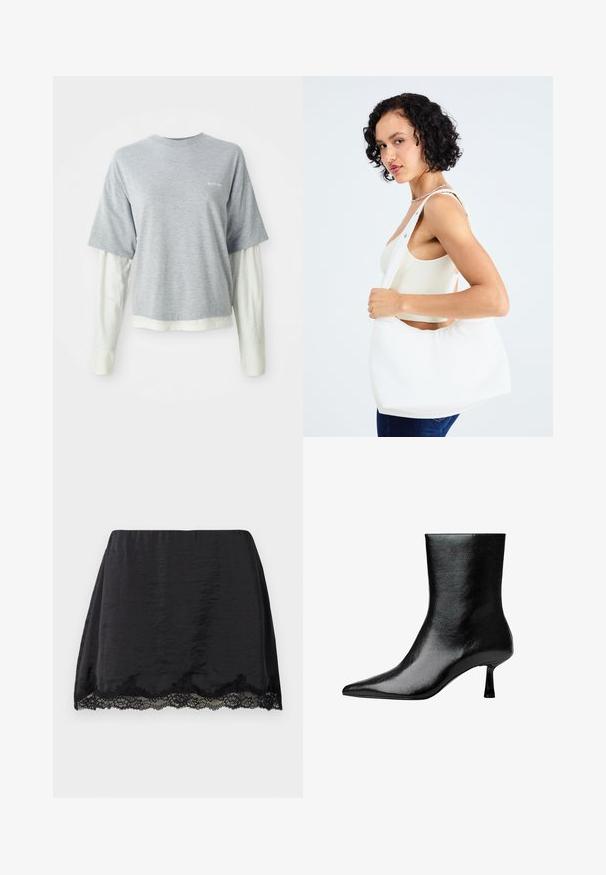 Gray short-sleeve t-shirt layered over a white long-sleeve shirt, both in soft cotton fabric. Features a small logo on the chest.; Black satin mini skirt with a straight cut, featuring a scalloped lace trim at the hem, smooth texture, and elastic waistband.; Black ankle boot made of glossy leather with a pointed toe and slim heel, featuring a smooth texture and minimalistic design.; White shoulder bag made of smooth material, featuring an oval cutout and wide strap design. Simple and modern with no visible hardware.