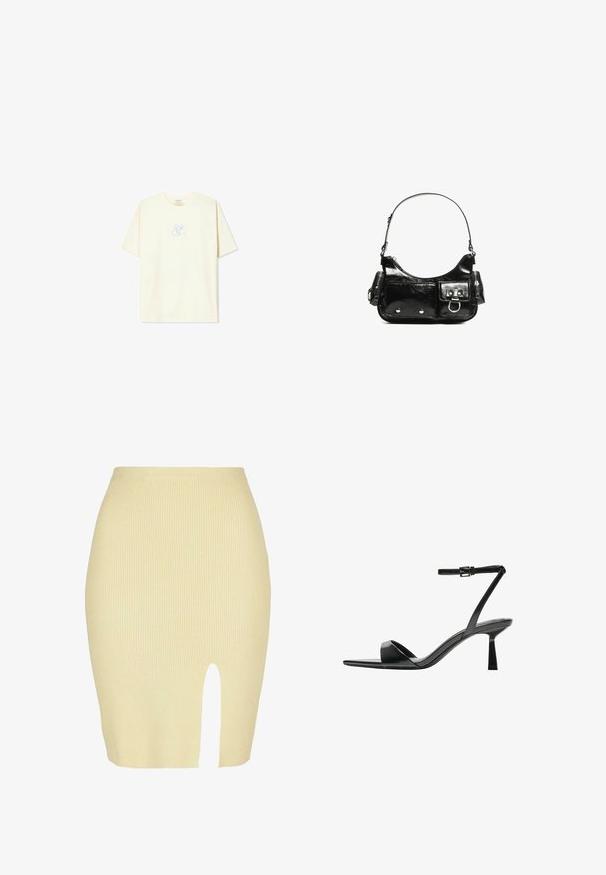 Világos sárga pamut póló, laza fazonnal, rövid ujjal, és egy kék grafikai logóval a mellkas közepén.; Ribbed midi szoknya világos sárga színben, elöl hasítékkal, feszes fazonnal és puha textúrával.; Bershka Magas sarkú szandálok - black; Fekete lakkbőr kézitáska ívelt formával, egy vállpánttal, elülső zsebekkel és ezüstszínű fémrészletekkel.