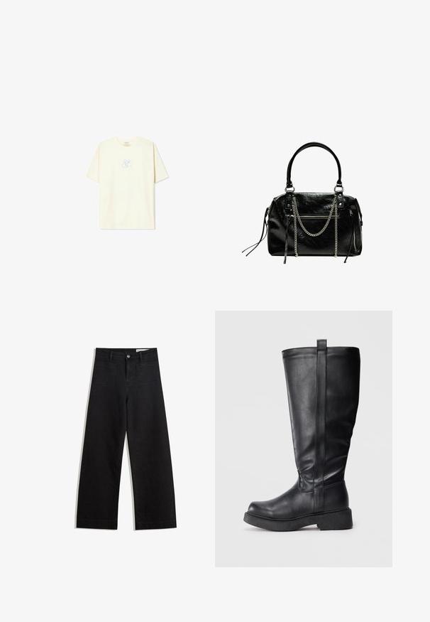 Világos sárga pamut póló, laza fazonnal, rövid ujjal, és egy kék grafikai logóval a mellkas közepén.; Fekete, bő szabású farmernadrág magas derékkal, elülső és hátsó zsebekkel, varrott felületekkel és gombos záródással. Sima textúra.; Fekete, térd fölé érő csizma sima bőrből, lapos talppal, oldalsó varrással és egy kis húzófüllel a tetején a könnyű felhúzhatóság érdekében.; Bershka WITH CHAIN - Kézitáska - black