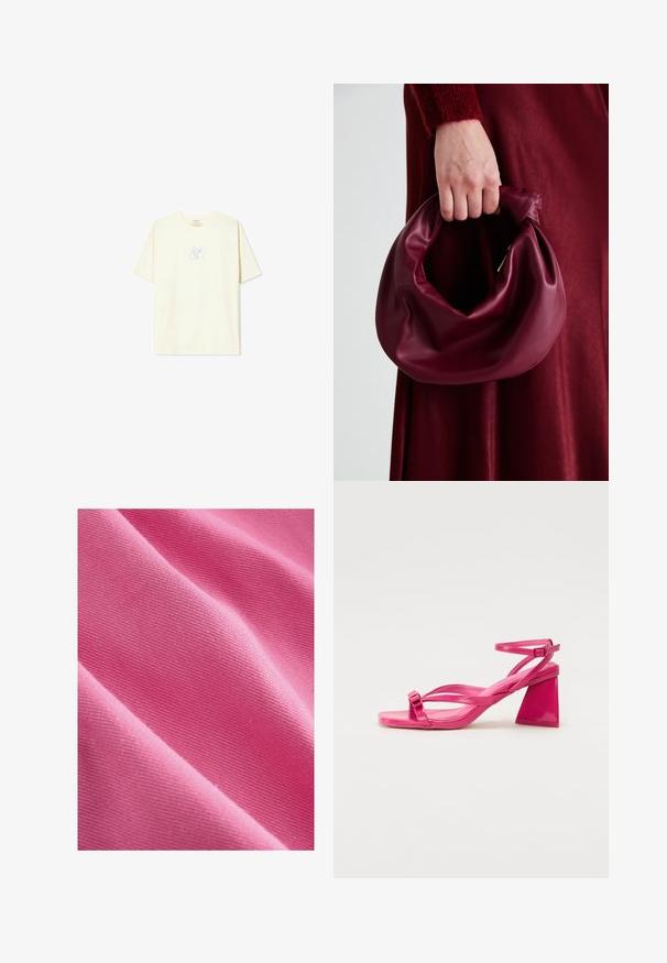 Lichtgele katoenen t-shirt met een relaxed fit, korte mouwen, en een blauw grafisch logo gecentreerd op de borst.; Roze katoen stof met een gladde textuur, die een diagonale vouw toont die het weefpatroon en de gelijkmatige kleur verspreiding onthult.; Roze lakleren sandalen met hakken, een vierkante punt, smalle banden en een geometrische blokhak. Met een gespdetail op de band.; Bordeaux leren handtas met een zacht, gegathered ontwerp en een ronde vorm. De handgreep is stevig bevestigd en toont een gladde textuur.