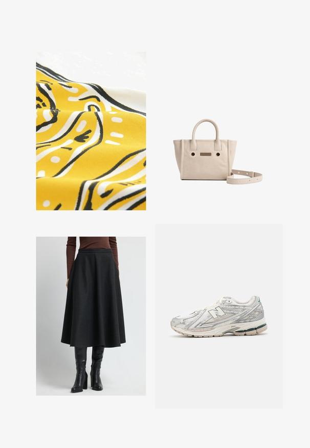 Tissu jaune avec des motifs abstraits noirs et blancs. Le matériau a une texture lisse, affichant des lignes courbes et des points dans un design ludique.; Jupe A-line noire en tissu texturé, dotée d'une taille haute et de plis, associée à des bottes en cuir noires à hauteur de genoux.; La chaussure de course présente une tige en mesh argentée et blanche avec un accent vert. La semelle est épaisse et texturée, conçue pour l'amortissement et le soutien.; Sac fourre-tout en cuir beige avec deux poignées courtes, une bandoulière amovible et un accent décoratif doré sur le panneau avant.; Montre rectangulaire dorée avec un cadran en nacre, des chiffres romains comme marqueurs horaires, un affichage de la date et un bracelet à maillons.
