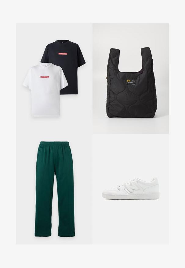 Dve majice, ena bela in ena črna, obe z rdečim logotipom Quiksilver na sprednji strani, v sproščenem kroju s kratkimi rokavi.; Temnozelene flis hlače z elastičnim pasom, ravnimi nogami in vidnimi šivi spredaj, prikazane na beli podlagi.; Bela teniska iz gladke usnjene obdelave, z perforiranim prstnim delom, teksturiranim gumijastim podplatom, ravnimi vezalkami in opaznim logotipom 'N' na strani.; Črna prešita torba z veliko odprtino, ukrivljenimi oblikami na površini in oznako z rumenim in belim besedilom spredaj.