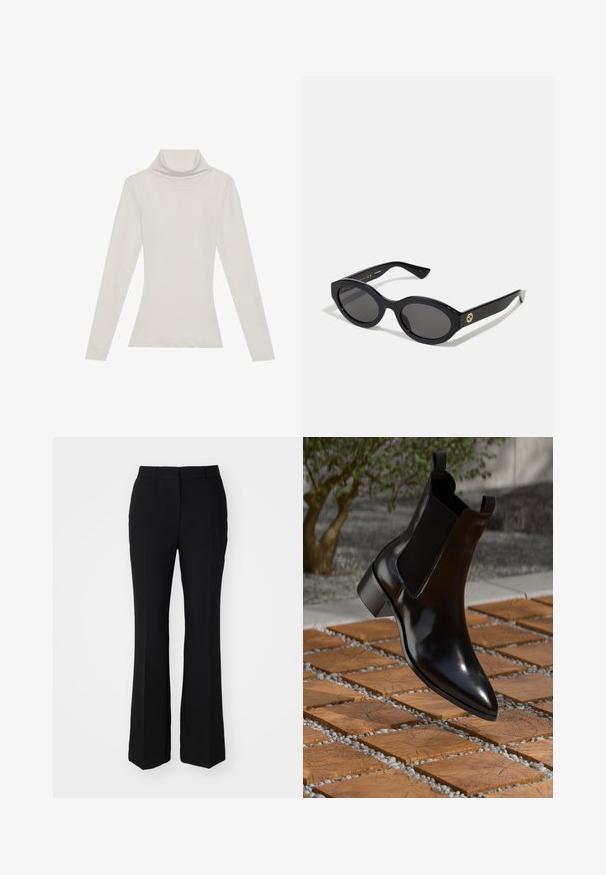 Langärmliges Rollkragenshirt in einem hellen Beigeton. Hergestellt aus weichem, dehnbarem Stoff mit lockerer Passform und umgeschlagenem Kragen.; Schwarze maßgeschneiderte Hosen mit weitem Schnitt. Hergestellt aus glattem Stoff mit Faltenschneiden und einem flachen Bund. Keine sichtbaren Taschen.; Schwarze Leder-Chelsea-Stiefel mit spitzer Zehe, elastischen Seitenteilen und einem klobigen Absatz, die auf einer stein- und holzmusterierten Oberfläche ruhen.; Schwarze ovale Sonnenbrille mit dunklen Gläsern und glänzendem Kunststoffrahmen. Mit goldenem Logo am Bügel, das ein elegantes und modernes Design bietet.