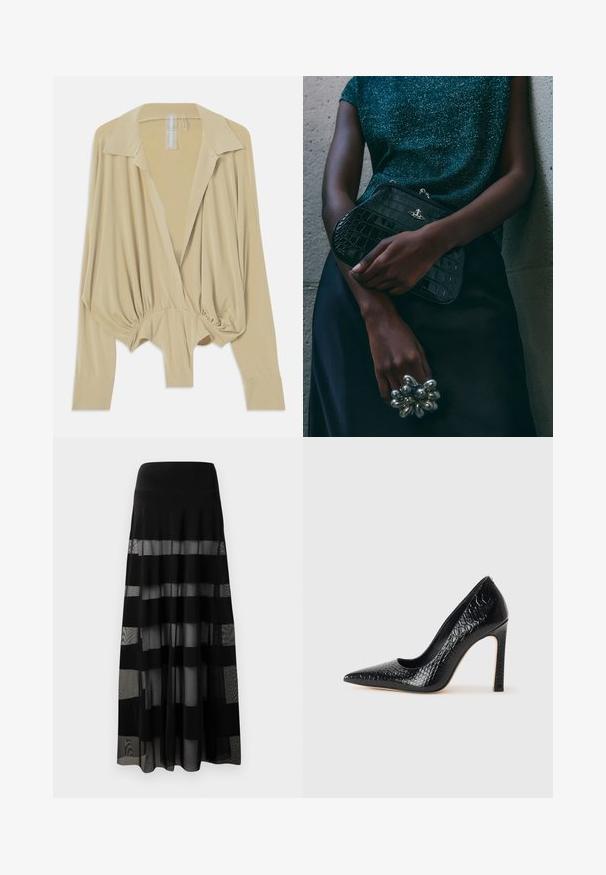 Beige színű, hosszú ujjú blúz széles gallérral, ráncolt derékkal és szűkített mandzsettával, fehér háttér előtt bemutatva.; Fekete maxi szoknya, fitted derekú, áttetsző panelek és átlátszatlan csíkokkal. Könnyű anyag, sima textúrával.; Fekete hegyes orrú magassarkú cipő krokodilbőr textúrával, letisztult dizájnnal, magas tűsarkú és sima fekete belső résszel.; Fekete krokodilbőr mintázatú válltáska ezüst hardware-rel, egy texturált szürke háttér előtt tartva. Fényes felülettel rendelkezik.