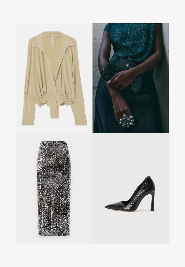 Beige long-sleeve blouse with wide collar, gathered waist, and fitted cuffs, displayed on a white background.; Sequined pencil skirt with a sleek, form-fitting design. Features black and silver sequins that create a shimmering effect.; Black pointed-toe high heel shoe with a crocodile-skin texture, featuring a sleek design, high stiletto heel, and smooth black interior.; Black crocodile-patterned clutch bag with silver hardware, held against a textured gray background. Features a shiny surface.