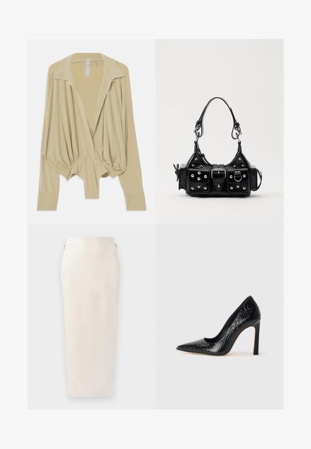 Bežová blúzka s dlhým rukávom, širokým golierom, zúženým pásom a priliehavými manžetami, vystavená na bielom pozadí.; Krémová midi sukňa s priliehavým strihom, vyrobená z hladkej látky, s ukrytou zipsovou zdierkou na boku a minimalistickým švom.; Čierna lodička s špicatou špičkou a lakovanou textúrou krokodíla, s elegantným dizajnom, vysokým stiletto podpätkom a hladkým čiernym interiérom.; Čierna kožená kabelka s zakriveným dizajnom, doplnená striebornými cvočkami, prackou a dvoma bočnými vreckami. Nastaviteľný popruh poskytuje rôzne možnosti nosenia.