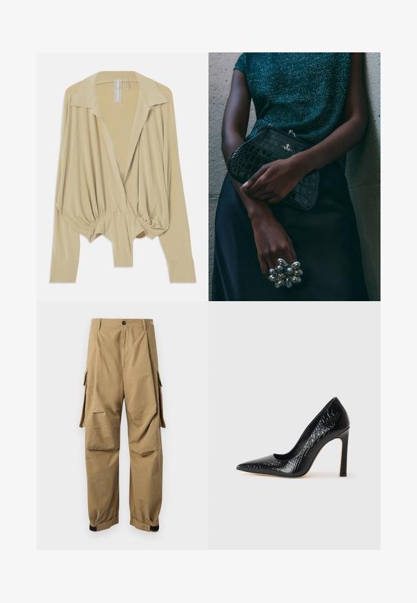 Beige long-sleeve blouse with wide collar, gathered waist, and fitted cuffs, displayed on a white background.; Khaki cargo pants made of lightweight fabric, featuring side cargo pockets, a button closure, and elastic cuffs at the ankles.; Black pointed-toe high heel shoe with a crocodile-skin texture, featuring a sleek design, high stiletto heel, and smooth black interior.; Black crocodile-patterned clutch bag with silver hardware, held against a textured gray background. Features a shiny surface.