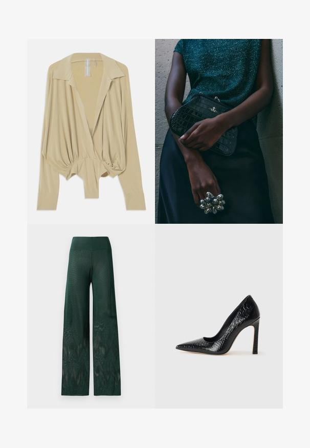 Beige pitkähihaisia paita, jossa on leveä kaulus, kootut vyötärö ja tiukat hihansuut, esillä valkoista taustaa vasten.; Vihreät leveät housut kevyestä verkkokankaasta, jossa on siksak-kuvio helmassa. Ominaisuuksina mukava, sileä vyötärö.; Musta kapea nilkkakorkokenkä krokotiilin nahkakuviolla, joka on varustettu tyylikkäällä muotoilulla, korkealla stiletto-korkealla ja sileällä mustalla sisäosalla.; Musta krokotiilihäntäinen penaali, jossa on hopeiset yksityiskohdat, pidetään teksturoitua harmaata taustaa vasten. Pintamateriaali kiiltävä.