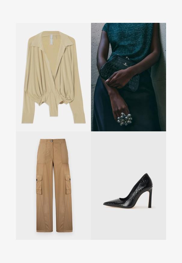 Beige pitkähihaisia paita, jossa on leveä kaulus, kootut vyötärö ja tiukat hihansuut, esillä valkoista taustaa vasten.; Khaki cargo-housut leveillä lahkeilla, joissa on kaksi sivutaskua, napitus ja sileä, kestävä kangaspinta.; Musta kapea nilkkakorkokenkä krokotiilin nahkakuviolla, joka on varustettu tyylikkäällä muotoilulla, korkealla stiletto-korkealla ja sileällä mustalla sisäosalla.; Musta krokotiilihäntäinen penaali, jossa on hopeiset yksityiskohdat, pidetään teksturoitua harmaata taustaa vasten. Pintamateriaali kiiltävä.