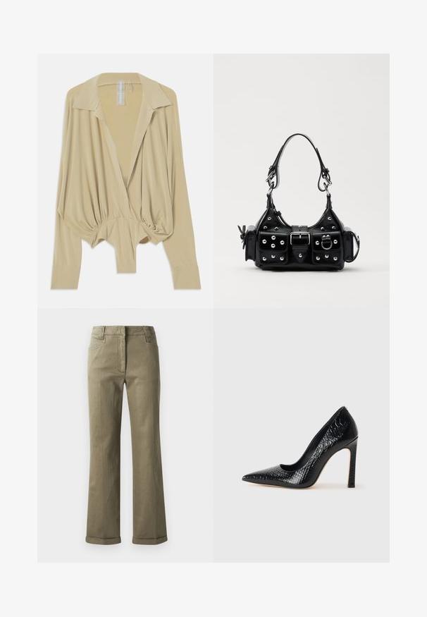 Beige long-sleeve blouse with wide collar, gathered waist, and fitted cuffs, displayed on a white background.; Tan wide-leg pants made of a soft fabric. Features a roll-up hem, front pockets, and a zip fly with button closure.; Black pointed-toe high heel shoe with a crocodile-skin texture, featuring a sleek design, high stiletto heel, and smooth black interior.; Black leather handbag with a curved design, featuring silver studs, a buckle, and two side pockets. Adjustable strap for carrying options.