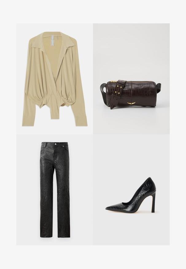 Beige színű, hosszú ujjú blúz széles gallérral, ráncolt derékkal és szűkített mandzsettával, fehér háttér előtt bemutatva.; Fekete, gyűrött nadrág szintetikus anyagból,en egyenes szárú kialakítással és öt zsebes stílussal, ezüst színű fém kiegészítőkkel.; Fekete hegyes orrú magassarkú cipő krokodilbőr textúrával, letisztult dizájnnal, magas tűsarkú és sima fekete belső résszel.; Barna krokodilbőr hatású bőr táska henger alakú, arany tónusú fémveretekkel és lecsatolható, szegecsekkel díszített pánttal.
