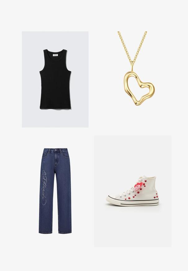 Svart bomullstopp med rundad halsringning, breda axelremmar och en figursydd silhuett. Har varumärkesetiketten i vitt.; Mörkblå denimjeans med lös passform, prydda med dekorativa silverfärgade rhinestones som formar texten "Ed Hardy" längs vänster ben.; Höga tygskor i off-white med röda hjärtaccenter och en rosdesign, med svarta gummisulor och vita snören.; Gul hjärtformat hänge med vågig kant, hängande på ett tunt kedja, med en polerad metallisk yta.