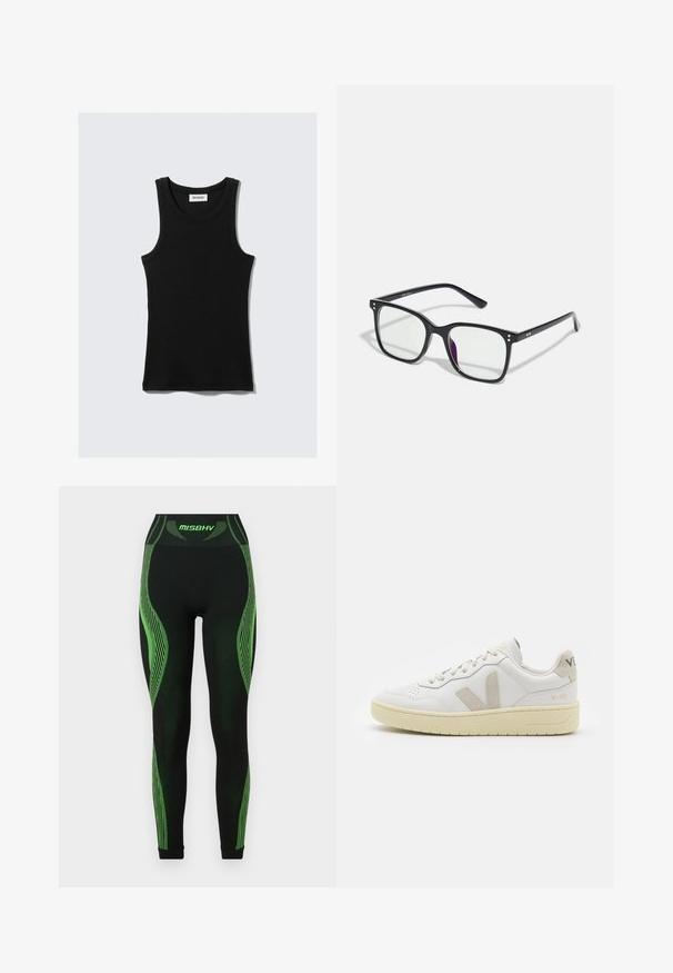 Czarny bawełniany top na ramiączkach z zaokrąglonym dekoltem, szerokimi ramiączkami oraz dopasowanym krojem. Zawiera logo marki w białym kolorze.; MISBHV - Legginsy; Białe skórzane trampki z beżowymi zamszowymi akcentami, perforowanym noskiem, płaskimi sznurowadłami i teksturowaną kremową podeszwą. Posiadają subtelne logo na pięcie.; Czarne prostokątne okulary z przezroczystymi soczewkami, z złotymi akcentami na oprawkach i lekkim fioletowym odcieniem na jednej z soczewek.; Czarna skórzana torba na ramię o gładkiej fakturze, zaokrąglonym wierzchu i pojedynczym pasku. Posiada zamek błyskawiczny i minimalistyczny design.