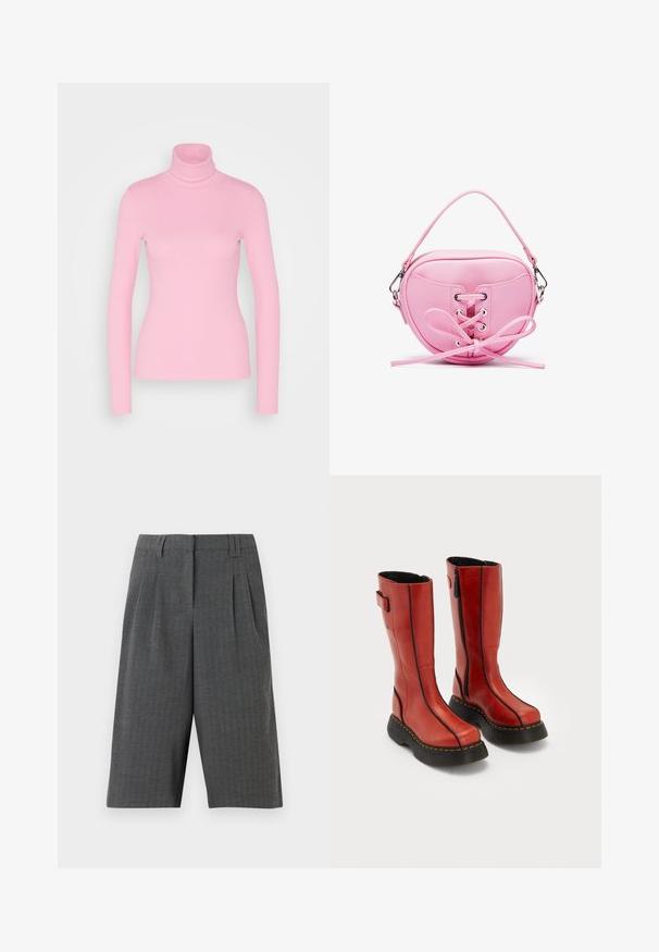 Even&Odd T-shirt à manches longues - pink; Shorts à motif pied-de-poule gris avec des plis, présentant une coupe soignée et une longueur mi-cuisse. Fabriqués en tissu texturé, sans fermetures visibles.; Bottes en cuir rouge hautes avec semelles épaisses noires, zip sur le côté et détails de couture noirs, posées côte à côte sur un fond blanc.; Sac à main en simili cuir rose de forme circulaire, avec un design à lacets et des œillets métalliques, ainsi qu'un détail en nœud. Comprend une courte poignée.