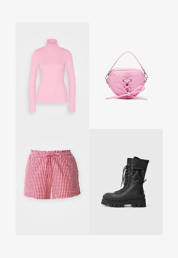 Even&Odd Langarmshirt - pink; Rot-weiße kariertes Shorts mit elastischem Bund und Kordelzug, aus leichtem Stoff und mit entspannter Passform.; Schwarze Lederkampfstiefel mit hohem Schaft, schnüren vorne, strukturierten Akzenten, dicker Sohle und genähten Details. Verfügt über eine hintere Zuglasche.; Rosa Kunstleder-Handtasche in runder Form mit geschnürtem Design, verziert mit metallischen Ösen und einer Schleifendetail. Enthält einen kurzen Griff.