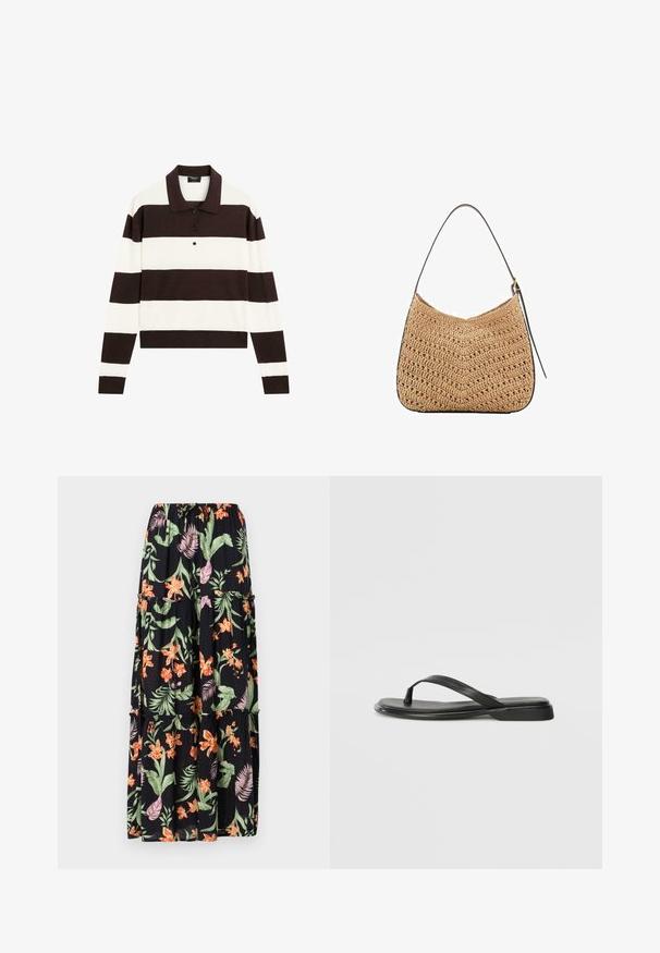 Langärmliges Polohemd mit abwechselnd dunkelschokoladenbraunen und weißen horizontalen Streifen, einem Kragen und einer geknöpften Leiste. Hergestellt aus weichem Stoff.; Schwarzer Maxirock mit floralen Motiven in Orange und Pink, grünen Blättern, elastischem Bund und gestuftem Design. Leichter Stoff mit fließender Textur.; Schwarze Flip-Flops aus glattem Leder, mit einem dünnen Riemendesign und einer flachen Sohle mit minimalem Profil. Keine bemerkenswerten Muster oder Akzente.; Geflochtene Strohtasche mit geschwungener Form, ausgestattet mit einem dunklen Ledertragegurt und einer strukturierten Oberfläche mit Zickzackmuster.; Ohrringe in Goldfarbe haben unregelmäßig geformte, strukturierte Motive, verziert mit grünen Edelsteinen und weißen Perlen, die mit Clipverschluss gesichert sind.