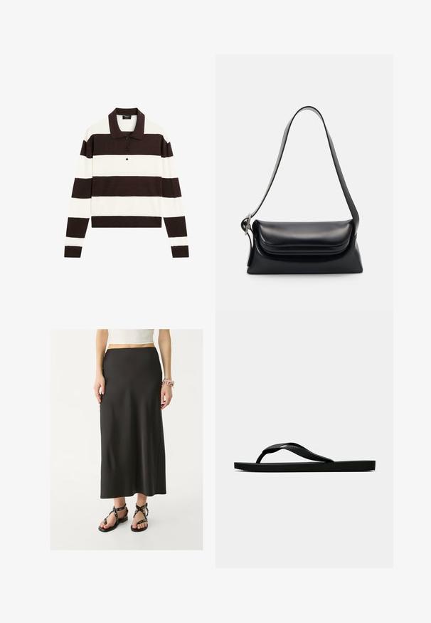 Polo à manches longues avec des rayures horizontales alternant entre marron foncé et blanc, un col et un boutonnage. Fabriqué en tissu doux.; Jupe noire, longue jusqu'au sol, en tissu lisse avec une taille ajustée. Portée avec des sandales noires à lanières dotées d'accents métalliques.; Tong sandale en caoutchouc noir avec une bride en T texturée et une semelle plate simple, montrée de côté sur un fond clair.; Sac à main en cuir noir avec une forme structurée, une texture lisse et une seule bandoulière. Présente un design de rabat arrondi et subtil.