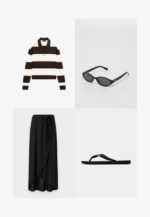 Polo shirt met lange mouwen, voorzien van afwisselende donkerbruine en witte horizontale strepen, een kraag en een knoopsluiting. Gemaakt van zachte stof.; Zwarte maxi rok van lichtgewicht stof, met een wikkeldesign, verstelbare tailleband en een vloeiende silhouet met een afgeronde zoom.; Zwarte rubberen flip-flop sandaal met een getextureerde strap en een eenvoudige platte zool, zijaanzicht op een effen lichte achtergrond.; Zwarte zonnebril met ronde lenzen, glanzend plastic frame en het "QUAY"-logo in goud aan de zijkant. Beschikt over donkergetinte lenzen.