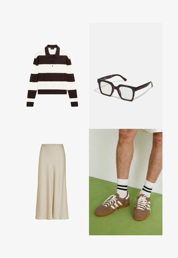 Polo a maniche lunghe con righe orizzontali alternanti marrone scuro e bianche, colletto e pattina con bottoni. Realizzato in tessuto morbido.; Gonna maxi beige in satin con una texture liscia, silhouette a forma di A e una vita che fluisce dolcemente fino all'orlo, creando un leggero drappeggio.; Sneaker in suede marrone con dettagli e lacci bianchi. Suola in gomma color gomma. Indossati con calzini bianchi con righe nere. Pavimento verde texturizzato.; Occhiali da sole quadrati con montatura in acetato tartarugato e lenti trasparenti. Presentano tempie larghe e una finitura opaca, che migliora la durabilità complessiva.