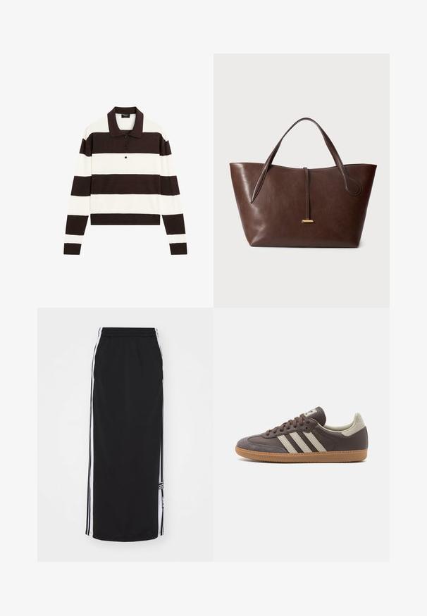 Polo a maniche lunghe con righe orizzontali alternanti marrone scuro e bianche, colletto e pattina con bottoni. Realizzato in tessuto morbido.; Gonna sportiva nera con strisce bianche sui lati, cintura elastica e dettaglio del logo. Realizzata in tessuto traspirante, design fino al ginocchio.; Sneaker in pelle marrone con tre strisce chiare, suola in gomma, punta arrotondata e dettagli in suede texture sul tallone e sulla punta.; Borsa a spalla in pelle marrone con due manici, forma strutturata e un semplice accento in oro. Texture liscia con un sottile motivo a grana.