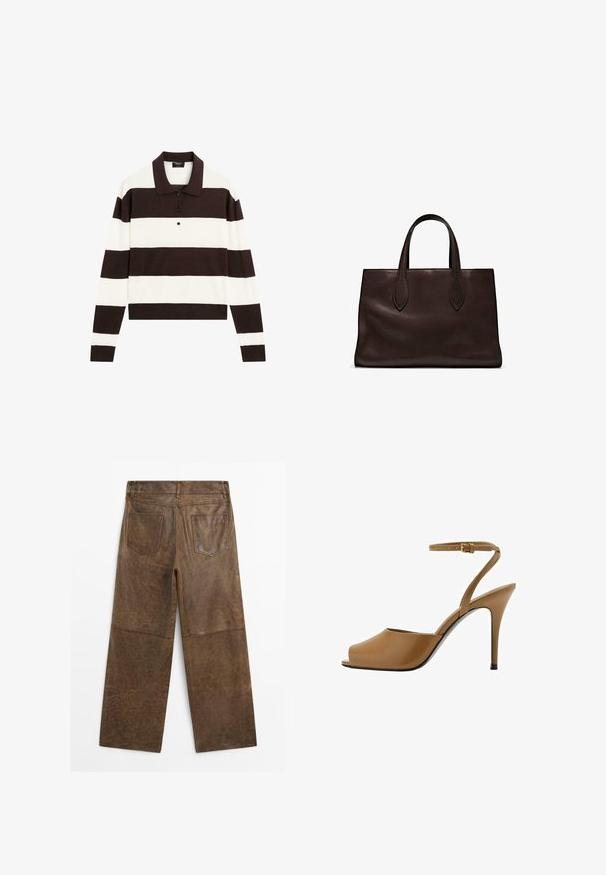 Koszula polo z długim rękawem, charakteryzująca się naprzemiennymi ciemnobrązowymi i białymi poziomymi paskami, kołnierzykiem oraz zapięciem na guziki. Wykonana z miękkiego materiału.; Brązowe skórzane spodnie o szerokich nogawkach z dwiema kieszeniami z tyłu i widocznym przeszyciem, pokazane z tyłu na białym tle.; Brązowy, odkryty czółenko na wysokim obcasie z błyszczącym wykończeniem, cienkim paskiem na kostce i szpilką. Gładka faktura, minimalistyczny design.; Brązowa skórzana torba tote z dwoma wydłużonymi uchwytami, usztywnionym prostokątnym kształtem, gładką teksturą i subtelnymi detalami przeszycia.