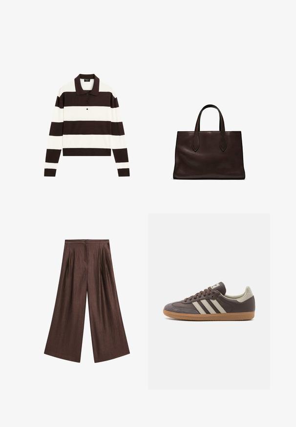 Polo à manches longues avec des rayures horizontales alternant entre marron foncé et blanc, un col et un boutonnage. Fabriqué en tissu doux.; Pantalons larges marron en tissu texturé. Dotés de plis à l'avant, d'une fermeture à bouton et d'une taille haute.; Baskets en cuir marron avec trois bandes de couleur claire, semelle en gomme, bout arrondi et accents en daim texturé sur le talon et le bout.; Sac tote en cuir marron avec deux poignées allongées, forme rectangulaire structurée, texture lisse et détails de couture subtils.