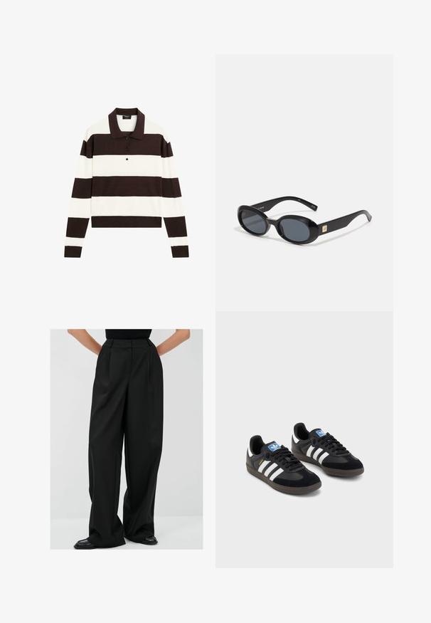 Polo shirt met lange mouwen, voorzien van afwisselende donkerbruine en witte horizontale strepen, een kraag en een knoopsluiting. Gemaakt van zachte stof.; Zwarte wijde broek met hoge taille, geplooid ontwerp en gladde stof. Heeft zijzakken en is gecombineerd met zwarte schoeisel.; Zwarte sneakers met een bovenwerk van suède en synthetisch materiaal, voorzien van drie witte strepen, een gestructureerde rubberen zool en een blauw logo-label op de tong.; Zwarte ovale zonnebril met donkere lenzen, glanzend kunststof frame, brede zijkanten en een kleine gouden accent aan de zijkant.