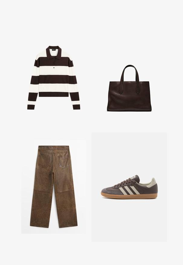 Polo shirt met lange mouwen, voorzien van afwisselende donkerbruine en witte horizontale strepen, een kraag en een knoopsluiting. Gemaakt van zachte stof.; Bruine leren wijde broek met twee achterzakken en zichtbare stiksels, vanaf de achterkant weergegeven op een witte achtergrond.; Bruine leren sneaker met drie lichtgekleurde strepen, rubberen gumzool, ronde neus en gestructureerde nubuck accenten op de hiel en neus.; Bruine leren tote bag met twee verlengde handvatten, gestructureerde rechthoekige vorm, gladde textuur en subtiele stiksels.