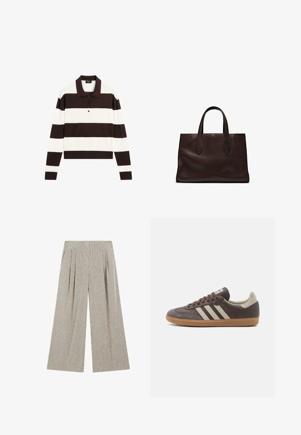 Langærmet polo-shirt med skiftende mørkebrun og hvid vandrette striber, en krave og en knaplukning. Fremstillet af blødt stof.; Bredde bukser lavet af tekstureret stof i en dæmpet grå farve med subtile lodrette striber, der har plisseringer i taljen for ekstra detaljer.; Brun lædersneaker med tre lyse striber, gummisål, rund tå og teksturerede ruskindsdetaljer på hælen og tåen.; Brun læder tote bag med to forlængede håndtag, struktureret rektangulær form, glat overflade og subtile syninger.
