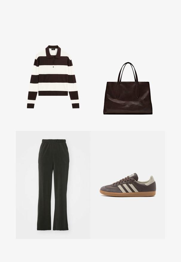 Langärmliges Polohemd mit abwechselnd dunkelschokoladenbraunen und weißen horizontalen Streifen, einem Kragen und einer geknöpften Leiste. Hergestellt aus weichem Stoff.; Schwarze, weiche Stoffhosen mit einem elastischen Bund, die eine lockere Passform und gerade Beine aufweisen. Keine sichtbaren Muster oder Akzente.; Braune Leder-Sneaker mit drei hellen Streifen, Gummisohle, abgerundetem Zehenbereich und strukturierten Wildlederelementen an Ferse und Zehen.; Massimo Dutti Handtasche - brown