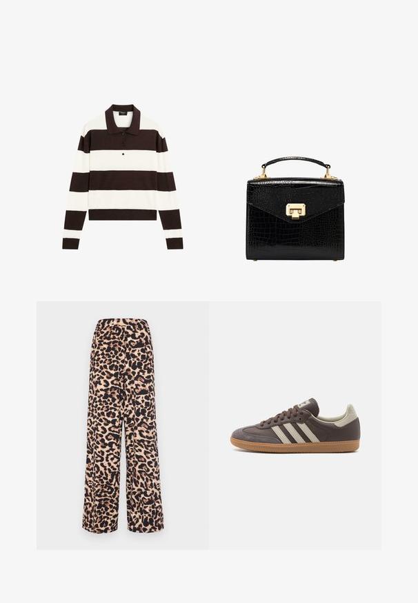Polo à manches longues avec des rayures horizontales alternant entre marron foncé et blanc, un col et un boutonnage. Fabriqué en tissu doux.; Pantalons à jambes larges en tissu doux à imprimé léopard dans des tons beige chaud et marron foncé, avec une taille élastique pour plus de confort.; Baskets en cuir marron avec trois bandes de couleur claire, semelle en gomme, bout arrondi et accents en daim texturé sur le talon et le bout.; Sac à main en simili-crocodile noir avec un design structuré, des ferrures dorées, une poignée supérieure et un système de fermeture à rabat magnétique.