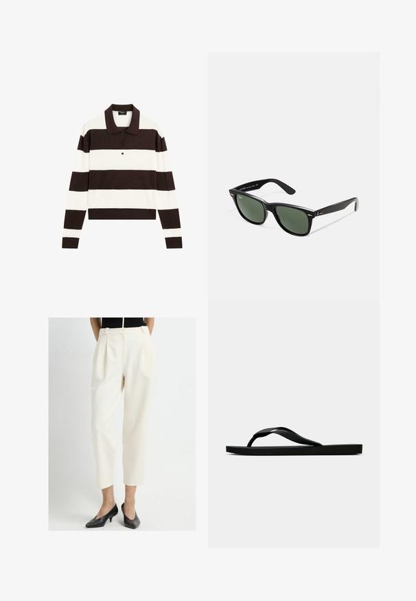 Langärmliges Polohemd mit abwechselnd dunkelschokoladenbraunen und weißen horizontalen Streifen, einem Kragen und einer geknöpften Leiste. Hergestellt aus weichem Stoff.; Cremefarbene hochgeschnittene Hosen mit Falten, schmal zulaufenden Beinen und seitlichen Taschen, kombiniert mit schwarzen Schuhen mit niedrigem Absatz. Angenehme Textur.; Schwarze Gummi-Flip-Flop-Sandale mit einem strukturierten Riemen und einfacher flacher Sohle, von der Seite auf einem schlichten hellen Hintergrund dargestellt.; Schwarze Plastiksonnenbrille mit grünen Gläsern, quadratischen Rahmen, silbernem Akzent auf der Augenbraue und strukturierten Bügeln. Angegebene Marke auf dem inneren Bügel.; Schwarze geflochtene Ledertasche mit einer geschwungenen Form, ausgestattet mit einem dicken Griff und einem Reißverschlussverschluss. Texturierte Oberfläche mit glänzender Optik.