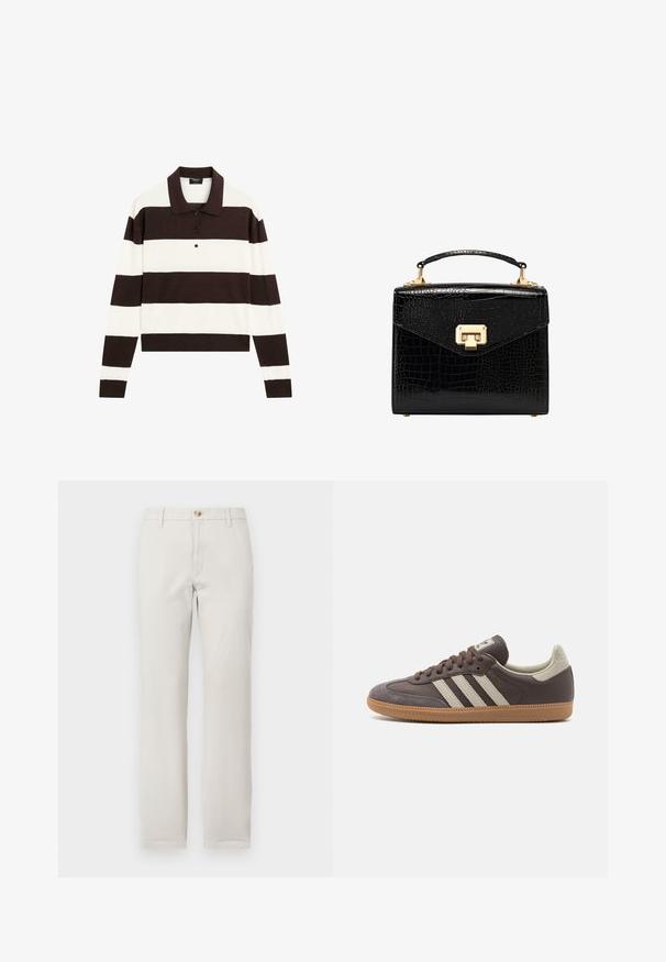 Pánská polokošile s dlouhým rukávem, která se vyznačuje střídajícími se tmavě hnědými a bílými vodorovnými pruhy, límcem a zapínáním na knoflíky. Vyrobena z měkké tkaniny.; Béžové kalhoty s rovnými nohavicemi, poutky na pás, předním knoflíkovým zapínáním a zipem na jednoduchém bílém pozadí.; Hnědé kožené tenisky se třemi světlými pruhy, gumovou podrážkou, zaoblenou špičkou a texturovanými semišovými detaily na patě a špičce.; Černá kabelka z umělé krokodýlí kůže se strukturovaným designem, zlatým kováním, horní rukojetí a magnetickým uzávěrem.