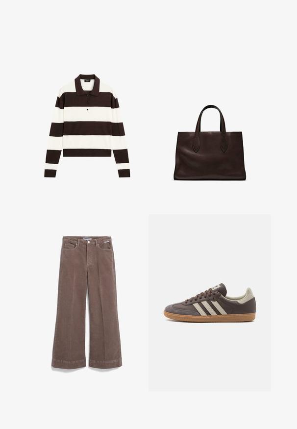 Langärmliges Polohemd mit abwechselnd dunkelschokoladenbraunen und weißen horizontalen Streifen, einem Kragen und einer geknöpften Leiste. Hergestellt aus weichem Stoff.; Braune weite Cordhosen mit glatter Textur, zwei Fronttaschen und Knopfverschluss. Verfügt über einen sauberen Saum und eine entspannte Passform.; Braune Leder-Sneaker mit drei hellen Streifen, Gummisohle, abgerundetem Zehenbereich und strukturierten Wildlederelementen an Ferse und Zehen.; Braune Ledertasche mit zwei langen Griffen, strukturierte rechteckige Form, glatte Textur und dezente Nähdetails.