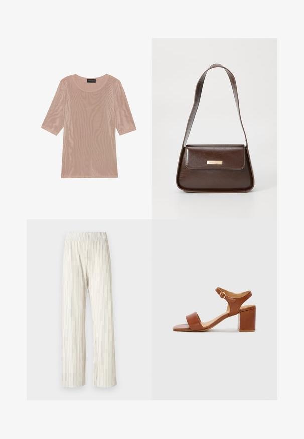 Ljust rosa, halvgenomskinlig T-shirt med rund halsringning och trekvartslånga ärmar. Mjuk textur med en lätt lyster. Etikett synlig vid halsringningen.; Plisserade vida byxor i ljusbeige, med resårmidja. Tillverkade av lättviktsmaterial med vertikal textur hela vägen.; Brun läderklackad sandal med fyrkantig tå, justerbar vristrem och blockklack. Slät textur och minimalistisk design.; Brun läderaxelväska med en strukturerad form, som har en magnetisk klaffstängning och en metallisk logotypdetalj på framsidan.