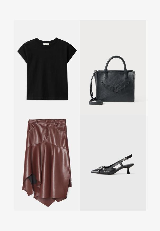 Black cotton t-shirt with a round neck, short cap sleeves, and a straight cut. Smooth texture with minimal detailing.; Brown faux leather skirt with a flared, asymmetric hem, featuring two front pockets and a smooth, glossy texture.; Black leather slingback shoe with a pointed toe, decorative straps featuring metal eyelets, and a low block heel. Textured surface.; Black leather handbag with wing design accent. Features two rounded handles and a detachable shoulder strap. Textured surface. Compact shape.