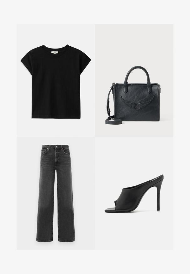 Black cotton t-shirt with a round neck, short cap sleeves, and a straight cut. Smooth texture with minimal detailing.; Black high-waist straight-leg denim jeans with front button and zipper, two front pockets, and two back pockets.; GIABORGHINI KEIRA - T-bar sandals - black; Black leather handbag with wing design accent. Features two rounded handles and a detachable shoulder strap. Textured surface. Compact shape.