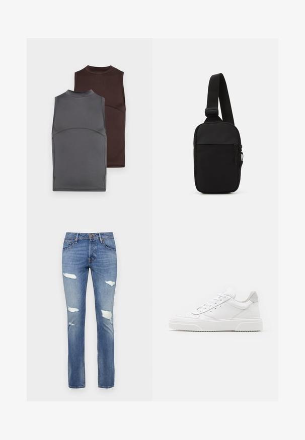 Dos camisetas sin mangas en gris oscuro y marrón, hechas de una tela suave. Cada una tiene un cuello alto y un diseño ajustado con detalles de costura en contraste.; Jeans de mezclilla azul con un acabado ligeramente deslavado, con múltiples desgarros y diseño de pierna recta. Cierre de botón en la cintura.; Zapatillas de cuero blanca con un acabado suave, punta redondeada, cordones planos y una suela texturada. Acento de ante gris en el talón.; Bolso cruzado negro fabricado en tejido duradero, con una sola correa ajustable, un compartimento principal con cremallera y un bolsillo delantero.