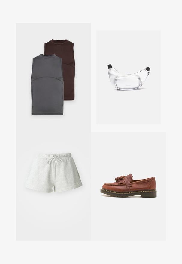 Kaksi ilmanhihaista puseroa tummanharmaasta ja ruskeasta, valmistettu sileästä kankaasta. Kumpikin on korkeakauluksinen ja istuvasta muotoilusta, jossa on erottuvat saumaratkaisut.; Vaaleanharmaat puuvillahousut, joissa on kiristettävä vyötärö. Ne ovat pehmeät ja rento istuvuus, päättyen halvimmalta reiden keskikohtaan.; Kahvinahkainen mokassa, jossa on tupsuakkentssit, teksturoitu pinta ja kontrastina keltainen ommel mustan kumipohjan reunalla. Sivunäkymä.; Valkoinen vyölaukku, joka on valmistettu sileästä ja kestävästä materiaalista. varustettu erottuvalla, pyöreällä etutaskulla, jossa on vetoketju ja säädettävä musta hihna.; Hopeasävyiset korvakorut: kaksi ovaalia nappikorua ja kaksi kuukausimaisen muotoista renkaasta, joissa on kiiltävä, sileä pinta ja pyöristetty muoto.