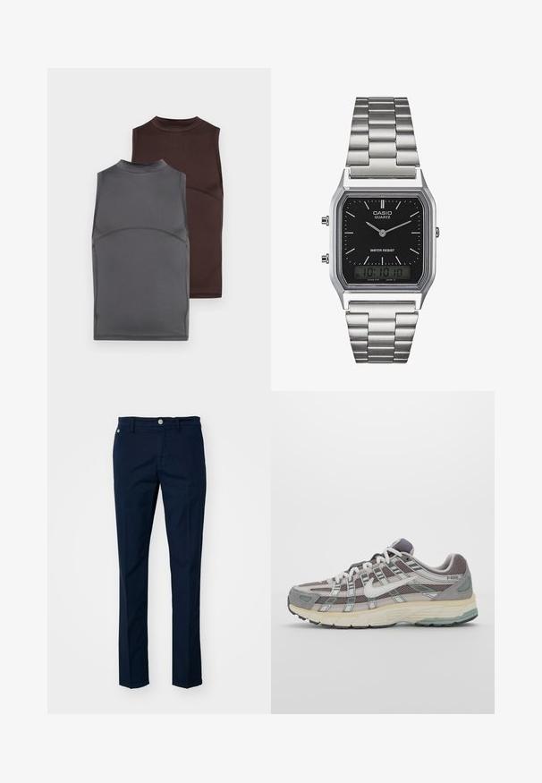 To deler uten ermer i mørk grå og brun, laget av et glatt stoff. Hver har høy hals og tettsittende design med kontrasterende sømdetaljer.; Marineblå bukser laget av bomull, med en rett ben-design, frontlommer og en kontrasterende knapp. Glatt tekstur, minimale detaljer.; Grå treningssko med overdel i nett og semsket skinn, hvite detaljer, en polstret såle, og et særpreget design med reflekterende elementer.; Sølv rustfritt stål kvartsur med en svart rektangulær urskive, med analoge visere, digital skjerm og vanntetthetsmerke.