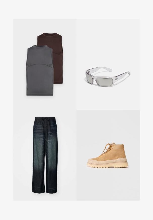 Dva brezrokavnika v temno sivi in rjavi barvi, izdelana iz gladkega materiala. Vsak ima visok ovratnik in prilagojeno obliko s kontrastnimi šivi.; Široke hlače iz temnega denima z vmesnim bledenjem. Imajo elastični pas z vrvico. Gladka tekstura z rahlimi znaki obrabe.; Tanj širokopasovni športni copati z ribastim gumijastim podplatom, okroglo konico in kovinskimi luknjami za vezalke; z obsežno mehko podlogo v notranjosti.; Sončna očala s prozornim plastičnim okvirjem, sivimi lečami, obliko, ki se ovije okoli, in logotipom na strani. Gladka tekstura s ukrivljenimi ročaji.