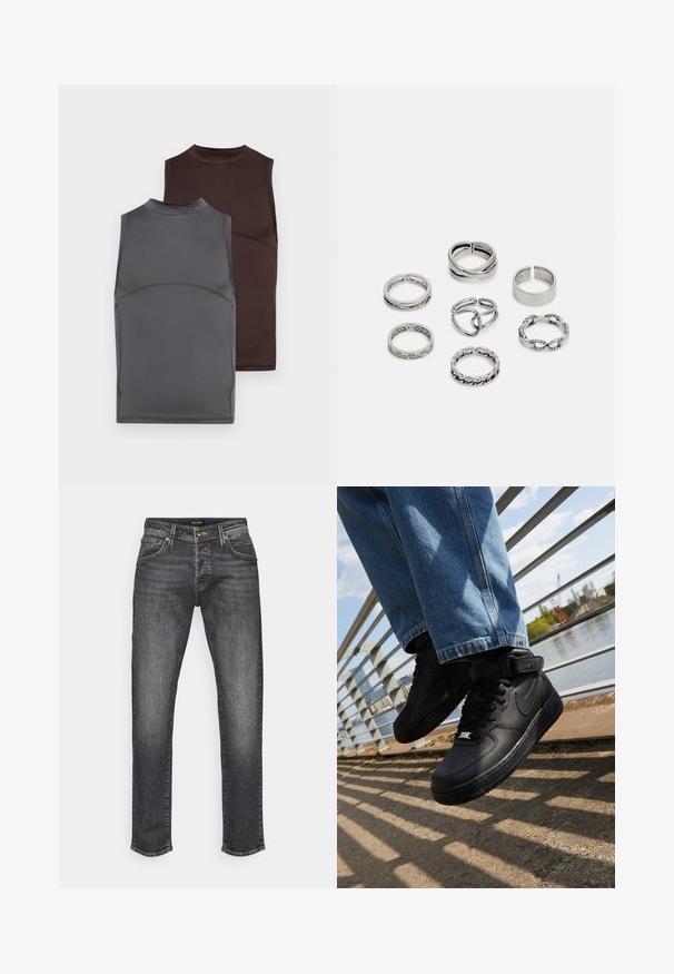 Duas camisetas sem mangas em cinza escuro e castanho, feitas de um tecido suave. Cada uma possui um decote alto e um design ajustado com detalhes de costura contrastantes.; Jeans de ganga cinza escuro com corte reto, apresentando um design clássico de cinco bolsos e um desbotamento subtil. Fecho de botão de metal e zíper.; Sapatilhas Nike Air Force 1 pretas com parte superior em pele, língua em malha e sola em borracha, apresentando um design de cano alto e atacadores grossos.; Conjunto de sete anéis de prata com vários designs, incluindo padrões torcidos, entrelaçados e gravados. Diferentes formas e larguras.