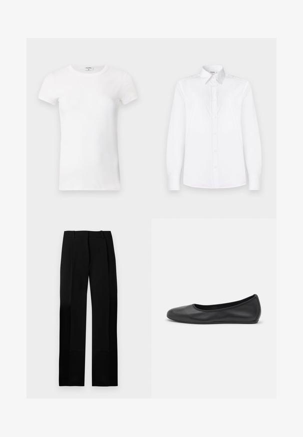 Weißes geripptes T-Shirt mit kurzen Ärmeln und Rundhalsausschnitt. Der Stoff wirkt glatt und hat eine figurbetonte Silhouette. Markenlabel am Kragen sichtbar.; Weißes Langarmhemd aus glattem Stoff, mit einem Kragen und einer Knopfleiste mit hellrosa Knöpfen.; Schwarze, maßgeschneiderte Hose mit glatter Textur, gerade geschnittenem Bein und vorderen Falten. Verfügt über einen flachen Bund und keine sichtbaren Verschlüsse.; Schwarze Leder-Ballettschuhe mit abgerundeter Spitze, glatter Textur, minimalen Nähdetails und einem flexiblen Sohlen-Design.