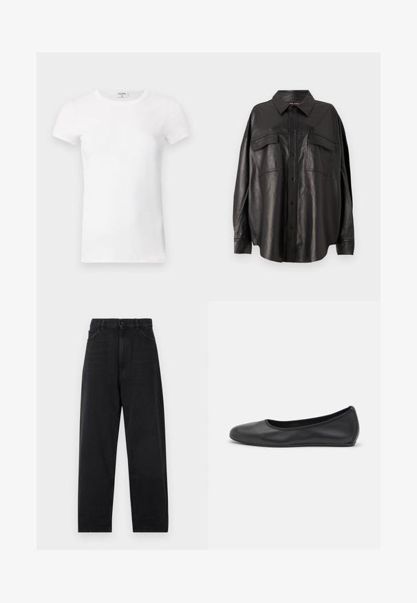 Balta, raibota trumpa rankovėmis marškinėliai su apvaliu kaklu. Audinys atrodo lygus ir prigludęs. Prekės ženklo etikete matoma prie apykaklės.; Juodas odinis marškiniai su mygtukais priekyje, smailiu apykakle ir dviem krūtinės kišenėmis. Išsiskiria laisvu siluetu ir glotnia tekstūra.; Juodos džinsinės kelnės su aukštu liemeniu, tiesaus kirpimo dizainu, mygtuko užsegimu ir klasikiniu penkių kišenių stiliumi. Lygus paviršius ir subtilūs siūlai.; Juodai odiniai baletai su apvaliu pirštu, lygi texture, minimalus siuvimo detales ir lanksčiu padų dizainu.