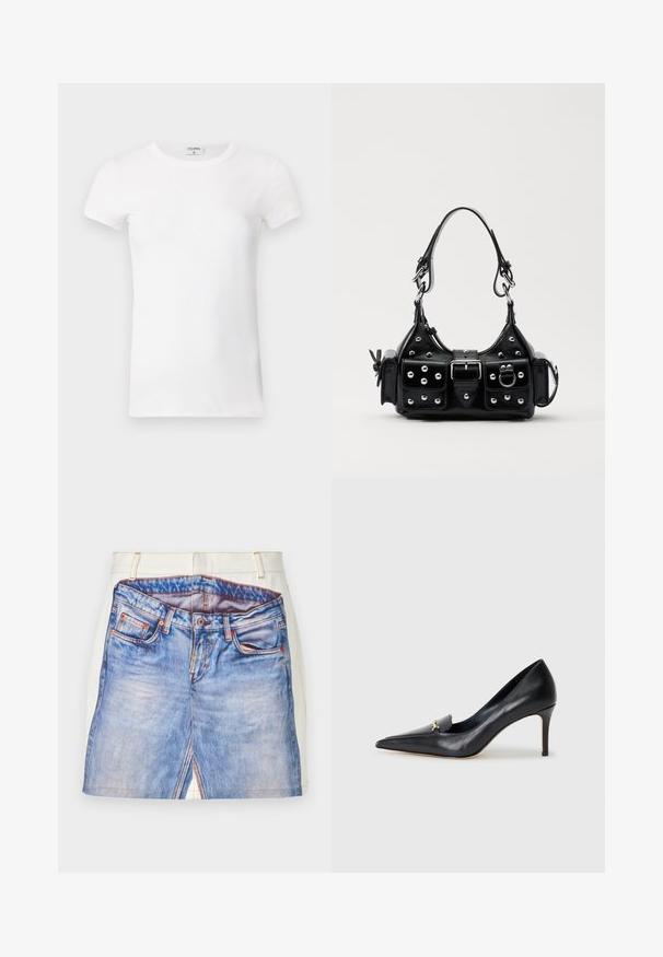 Wit geribd T-shirt met korte mouwen en een ronde hals. De stof lijkt glad met een getailleerde pasvorm. Logo zichtbaar op de kraag.; Korte spijkerrok met een bedrukt blauw jeanspatroon, voorzien van een witte tailleband, oranje stiksel en details met zijsplitten.; Zwarte leren pump met een spitse neus, lage vamp en een decoratieve gouden accent. Voorzien van een stilettohak en een gladde textuur.; Zwarte lederen handtas met een gebogen ontwerp, voorzien van zilveren studs, een gesp en twee zijvakken. Verstelbare schouderband voor verschillende draagmogelijkheden.
