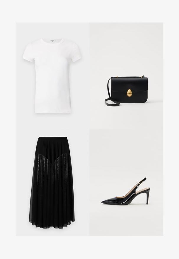 Balts ribots īsām piedurknēm T-krekls ar apaļu kaklu. Audumam ir gluda virsma un tas ir pieguļošs. Zīmola etiķete redzama pie apkakles.; Melnā svārku, kurai ir pieguļošs jostasvieta, ar slāņveida krokota caurspīdīga auduma un teksturētu dizainu. Garums sasniedz vidus teļa līmeni, ar gludu apdari.; Melnas lakotās ādas slingback kurpes ar izteiktu degunu, šauru papēdi un smalku izgriezumu dizainu. Siksniņai ir zelta sprādze.; Melnas ādas rokassomu ar strukturētu taisnstūra formu. Iespējas zelta ovāla slēdzis un plāns plecu siksna. Gluda tekstūra.