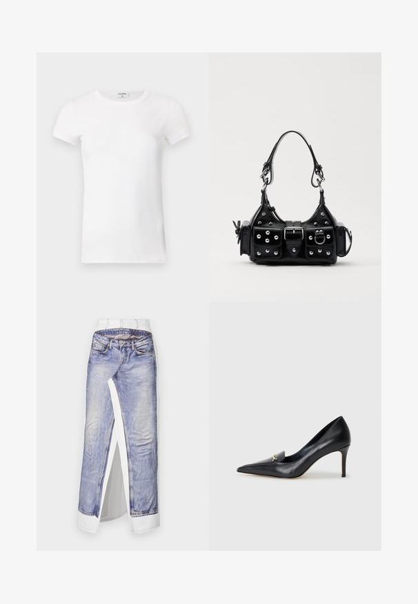 Camiseta blanca de manga corta y con cuello redondo, de tejido acanalado. La tela parece suave y tiene una silueta ajustada. Etiqueta de marca visible en el cuello.; Falda de denim con una impresión fotográfica de jeans sobre una tela blanca. Presenta una cintura estándar, una abertura lateral y costuras detalladas en los bolsillos.; Zapato de piel negra con punta afilada, escote bajo y un detalle decorativo dorado. Cuenta con un tacón de aguja y textura suave.; Bolso de mano de cuero negro con un diseño curvado, que cuenta con tachuelas plateadas, una hebilla y dos bolsillos laterales. Correa ajustable para opciones de transporte.
