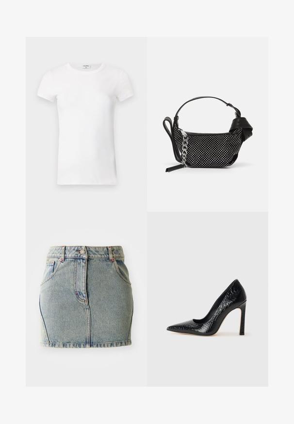 Valkoinen ribattu lyhythihainen T-paita pyöreällä kaula-aukolla. Kangas näyttää sileältä ja istuvalta. Brändilogo näkyvissä kauluksessa.; Vaaleansininen farkkuminihame, jossa on napitus, viisi taskua ja hienovaraiset ompeluyksityiskohdat, suoralla leikkauksella ja helmalla.; Musta kapea nilkkakorkokenkä krokotiilin nahkakuviolla, joka on varustettu tyylikkäällä muotoilulla, korkealla stiletto-korkealla ja sileällä mustalla sisäosalla.; Musta käsilaukku, jossa on teksturoitu muotoilu, koristeltu hopeisilla niiteillä ja tukeva hopeaketjuolkaimella. Omistaa tyylikkään, minimalistisen muodon.